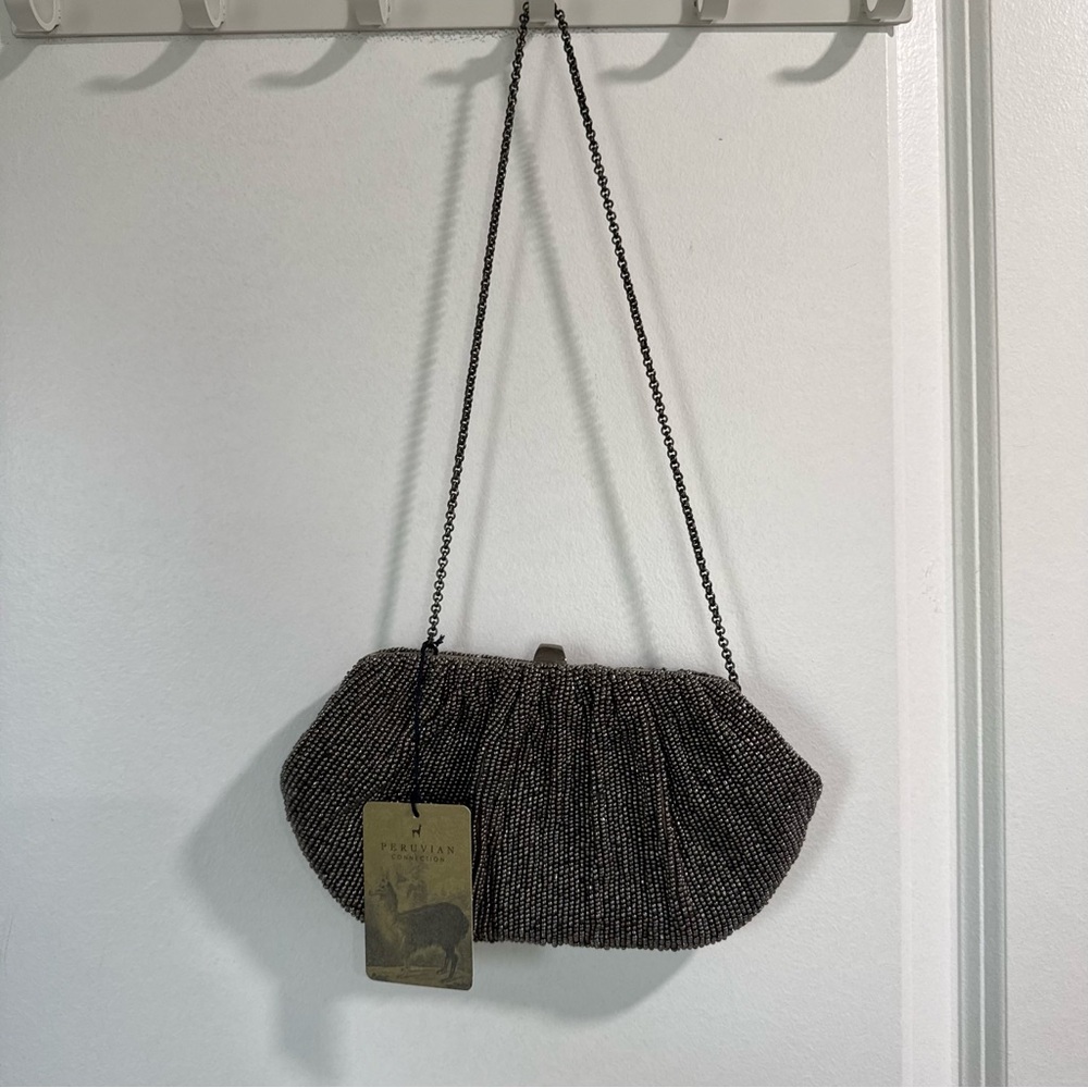 Peruvian Connection Santi Beaded Clutch Gunmetal NWT